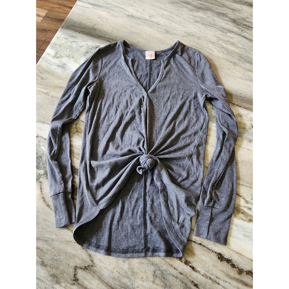 Jasmine & Ginger Gray Ribbed Front Knot Long Sleeve‎ Top Small Split V-Neck USA